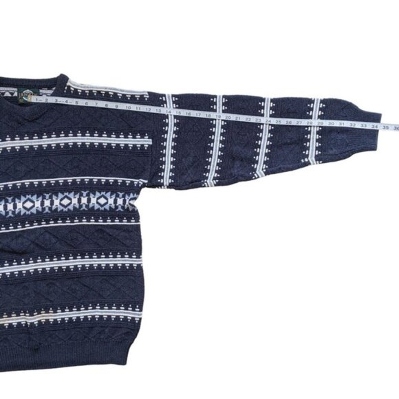 Vintage 90s Jantzen Grandpa Dad Sweater L Fair Isle Striped Blue Cotton Unisex - Picture 9 of 10